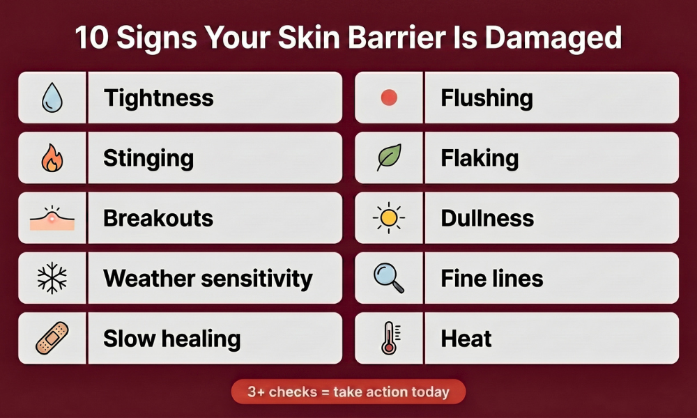 Infographic chart listing 10 signs your skin barrier is damaged including tightness, stinging, breakouts, and flaking