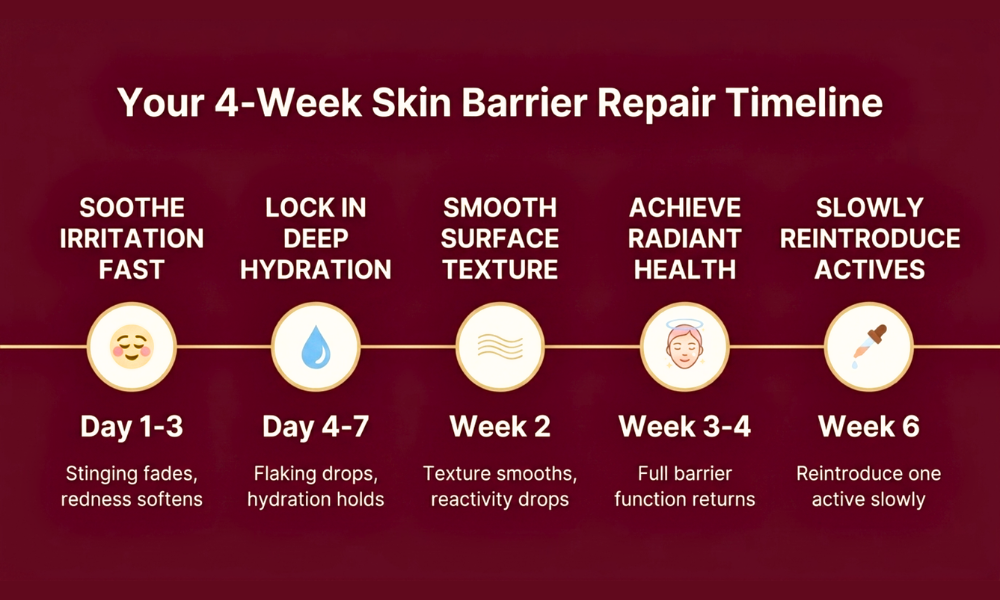 A 4-week skin barrier repair timeline graphic from soothing irritation to slowly reintroducing active skincare products