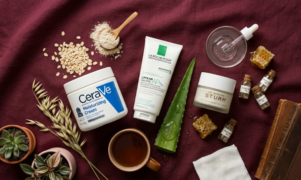 Flatlay setup of top skin barrier repair products including CeraVe Moisturizing Cream, La Roche-Posay Lipikar, aloe vera, and natural lipids