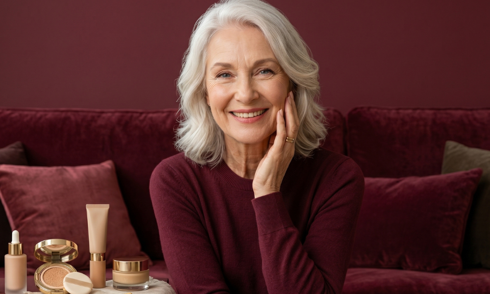 A smiling mature woman with gray hair sitting next to an array of luxury foundation bottles and compacts on a red sofa background