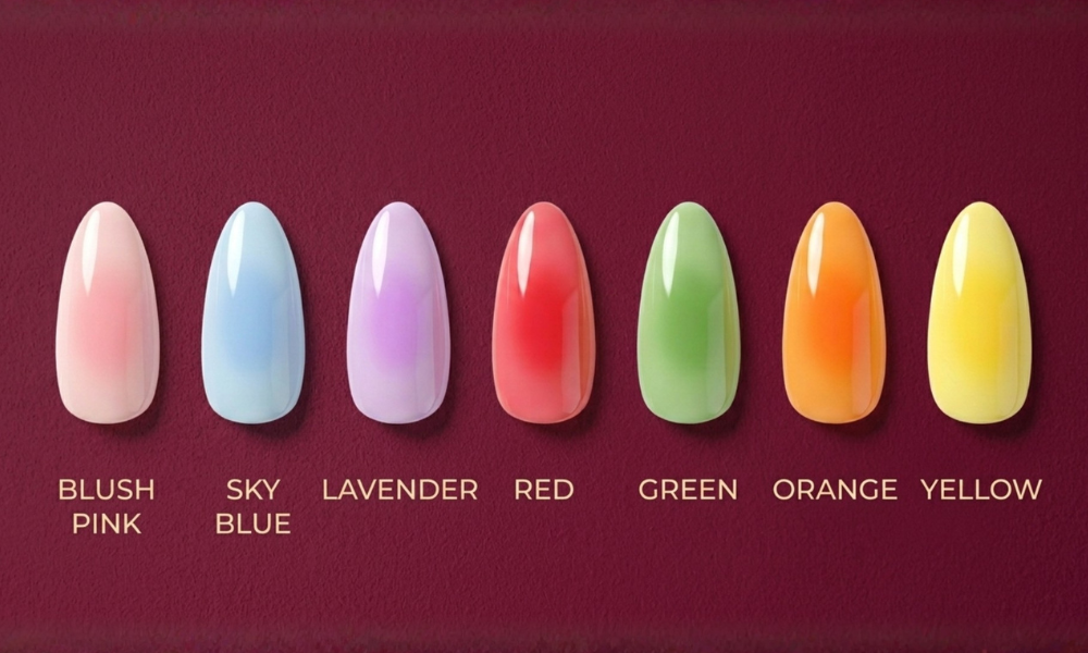 A visual color reference guide displaying seven aura nail color swatches from blush pink to yellow with centered gradient halo effects