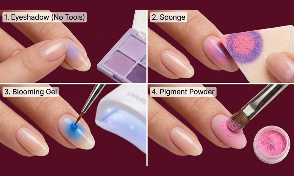 A four panel beauty infographic chart illustrating step by step tutorials for eyeshadow sponge blooming gel and pigment powder nail techniques