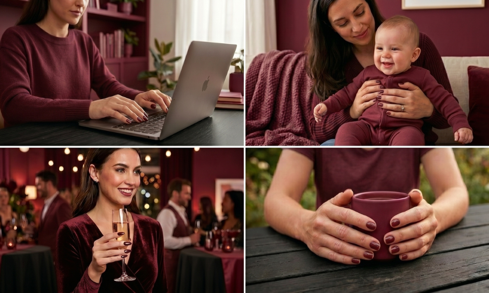 A four panel lifestyle photo grid displaying manicure variations across office work parenting event hosting and casual dining settings
