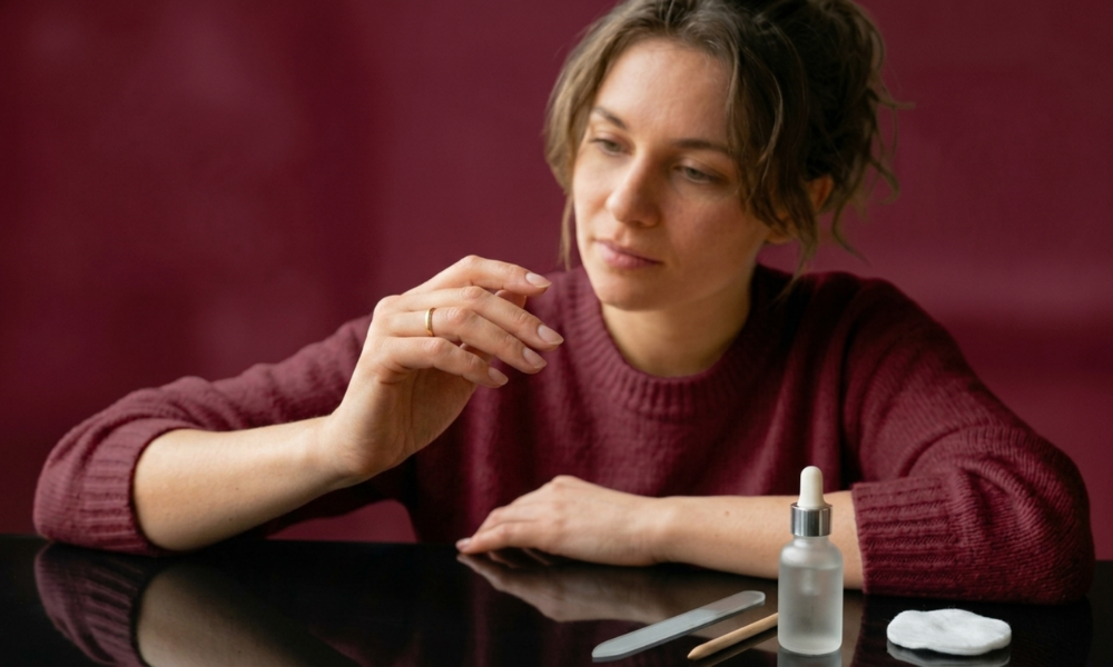 A woman in a red sweater running a self-evaluation nail shape test next to a glass bottle and a crystal file