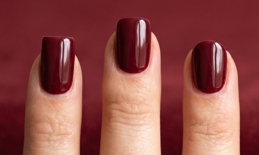 A macro view of three manicured fingernails showing a close comparison between square round and squoval tips with glossy dark red polish