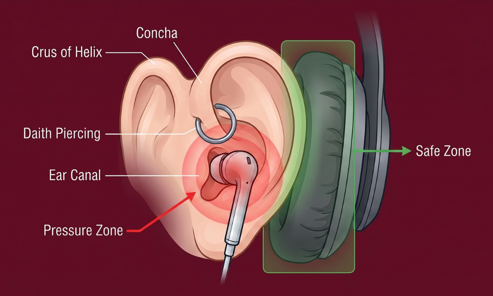 Anatomical diagram of the ear showing the daith piercing pressure zone with earbuds versus the safe zone with over-ear headphones.