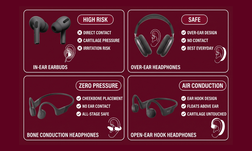 Comparison chart of headphone styles for daith piercings including earbuds, over-ear, bone conduction, and open-ear hooks.