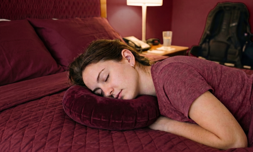 Close-up of a woman sleeping on her side with her daith piercing elevated over a round donut pillow hole.