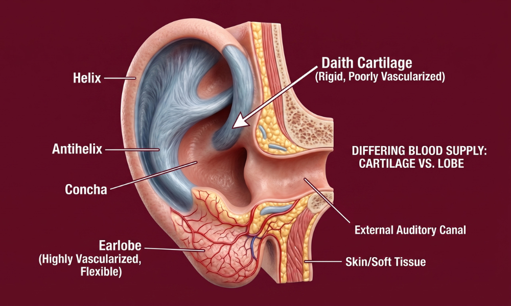 Detailed ear anatomy diagram illustrating blood supply differences between rigid daith cartilage and soft earlobe.