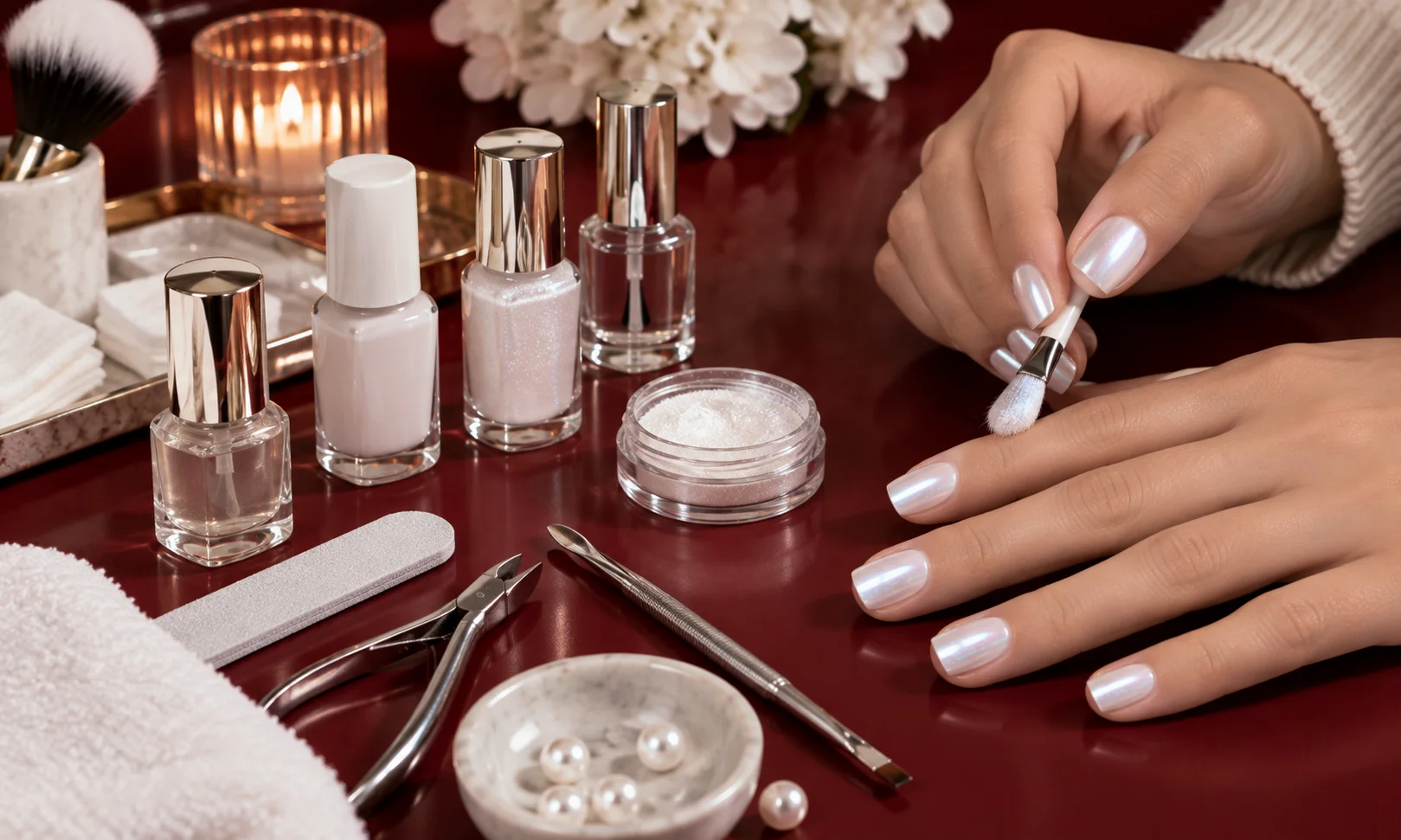 How Can You Recreate the Frosted Pearl Nails at Home?