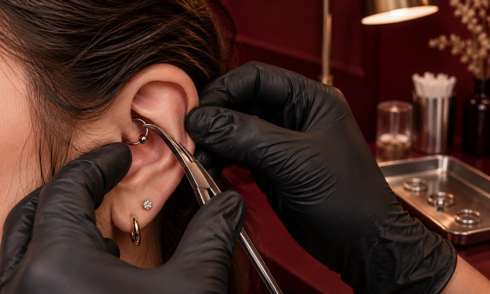 professional piercer using sterile ring opening pliers to safely change daith piercing jewelry