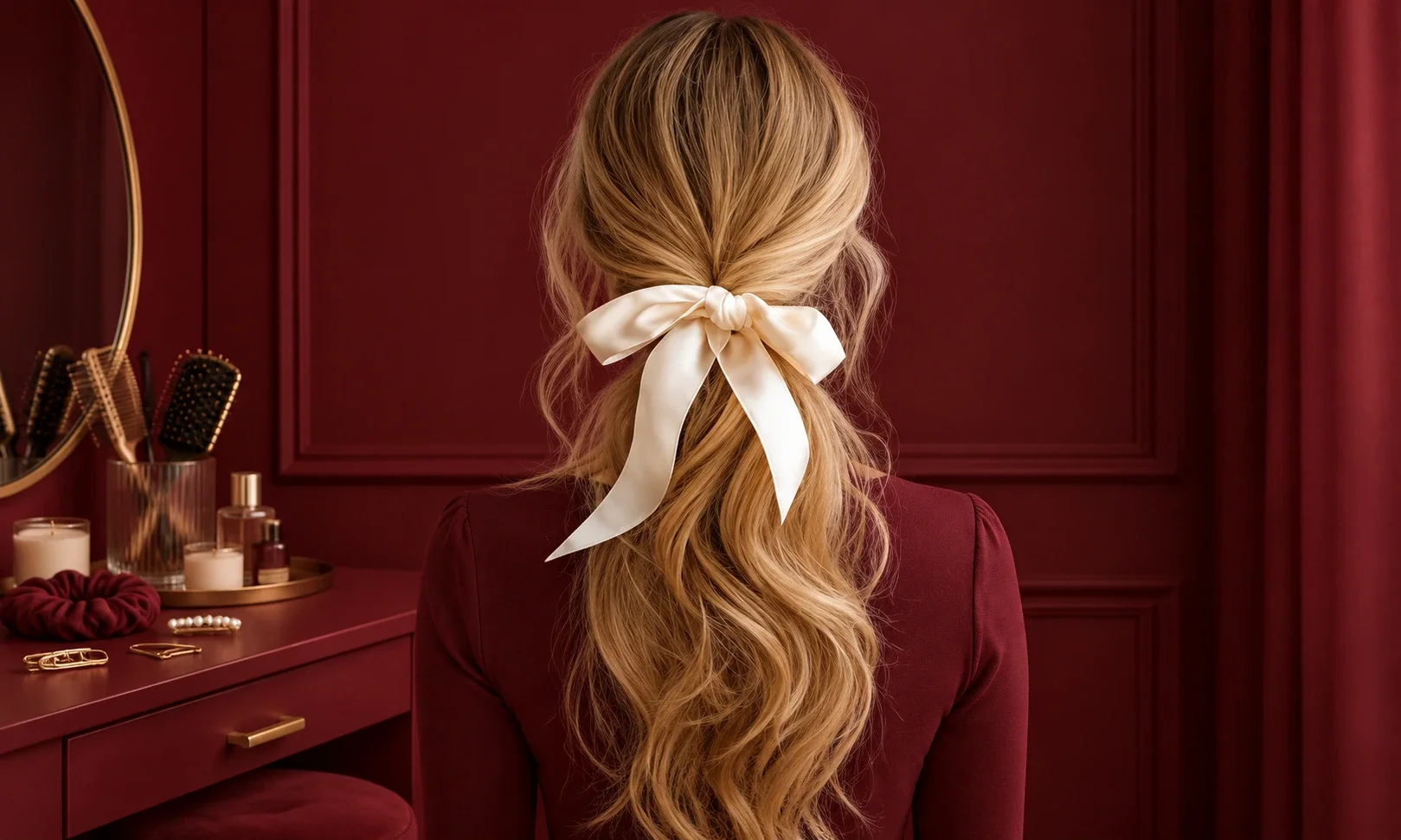 Low ponytail tied with a satin ribbon.