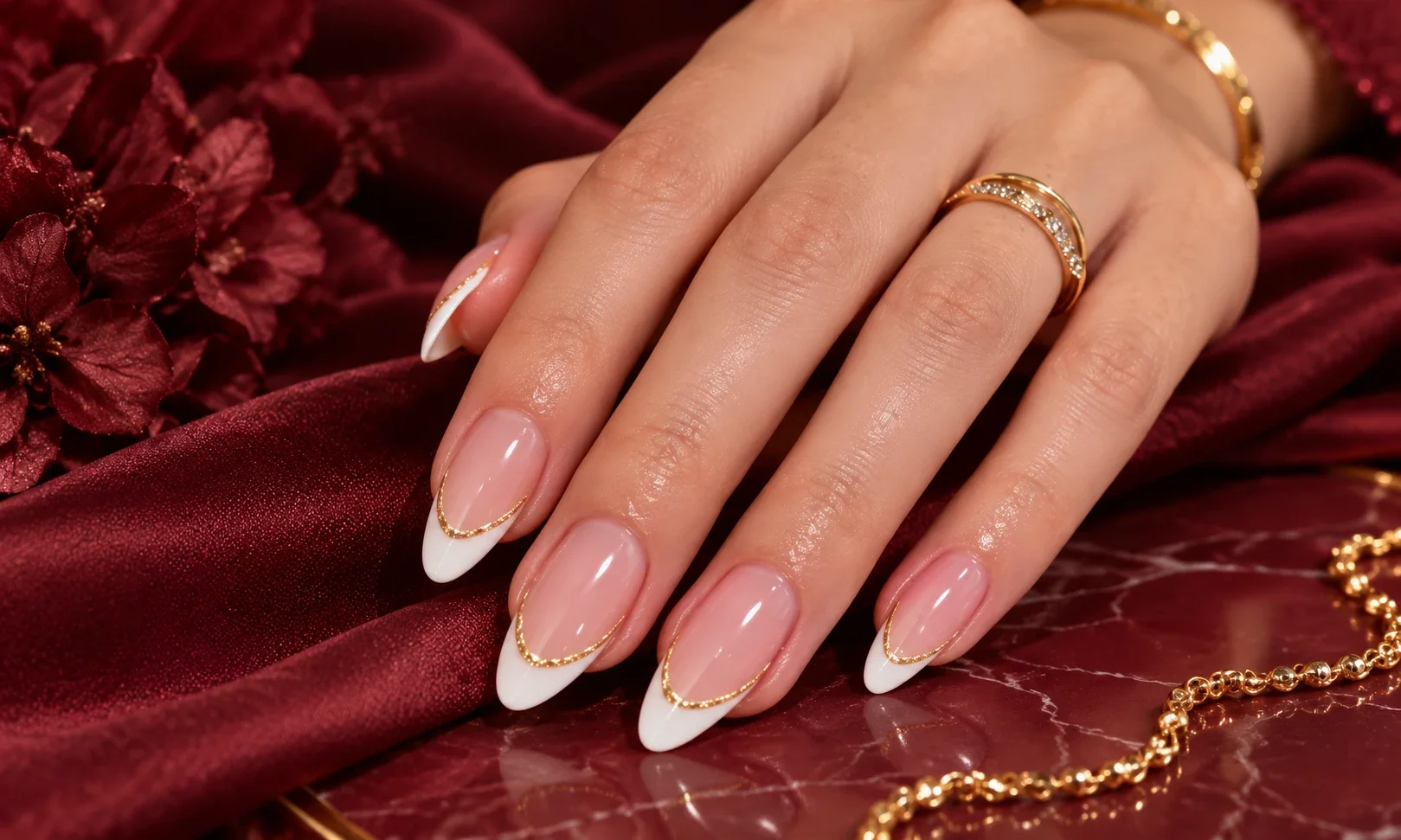 White French tips outlined in gold.