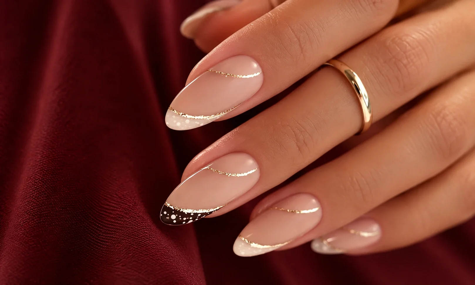 Almond nails with diagonal black tips.