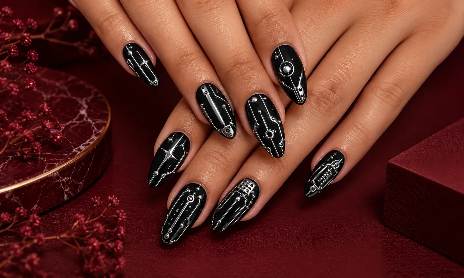 Black Chrome Nails With Fine Silver Lines