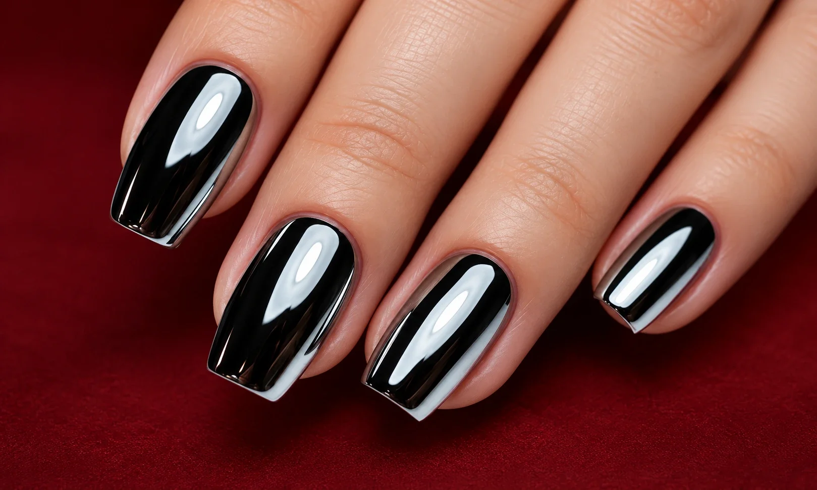 Dark reflective black chrome nails