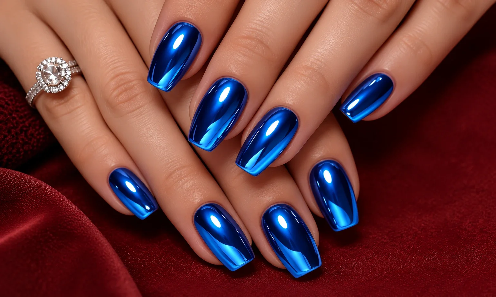 Reflective icy blue chrome nails