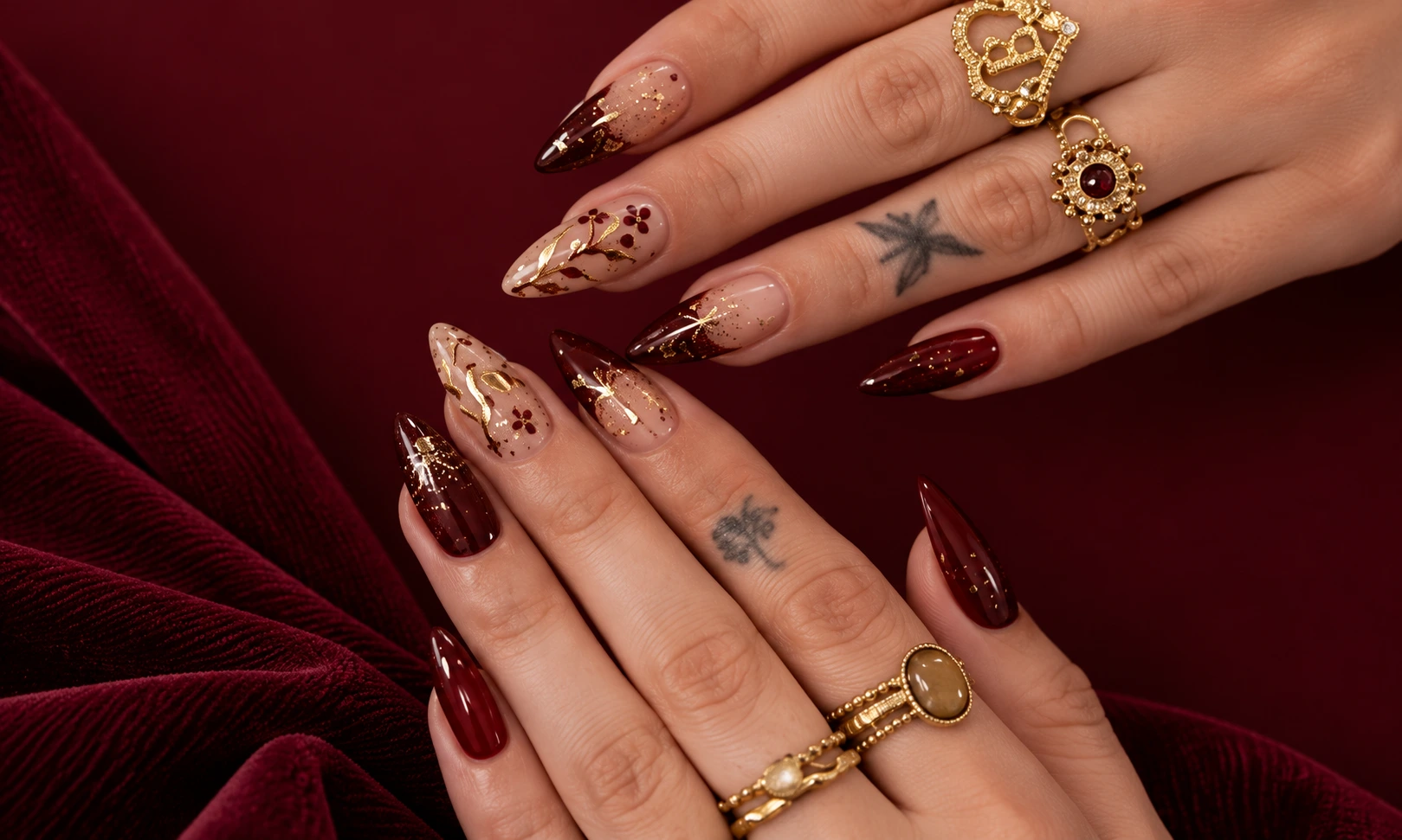 Burgundy and Gold Nails