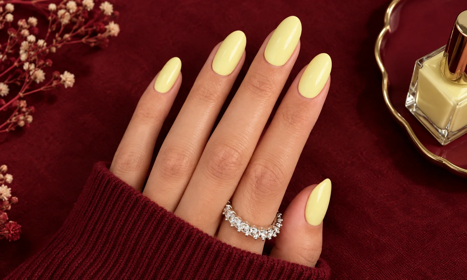 Soft butter yellow nail manicure