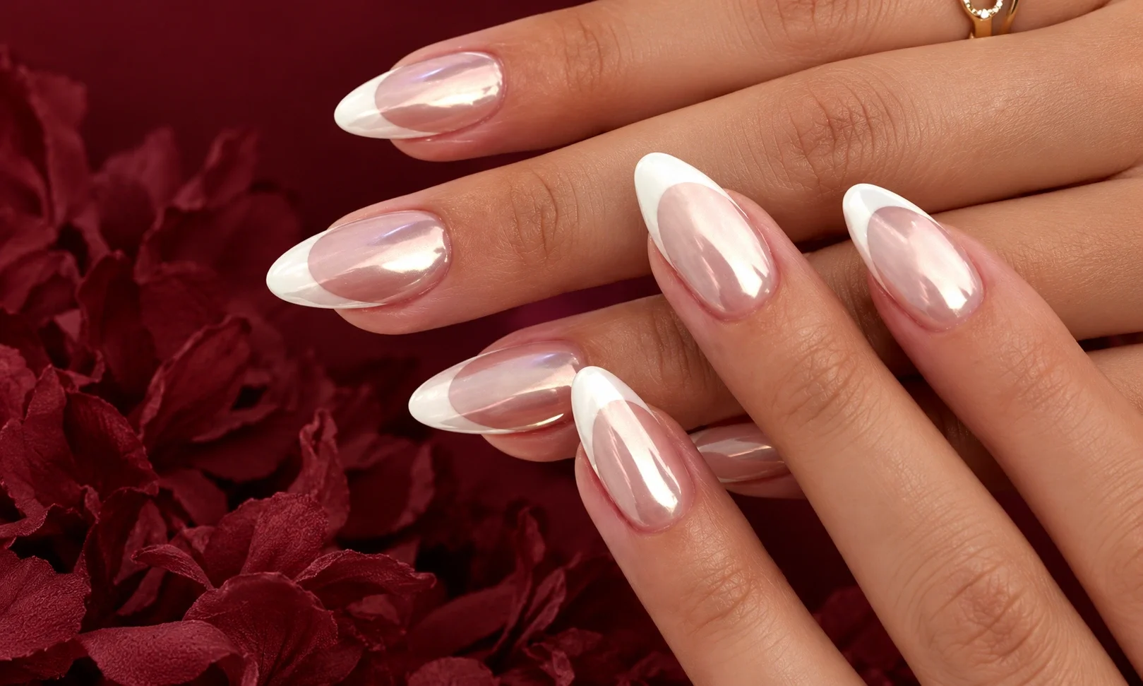 Almond nails with silver chrome tips.