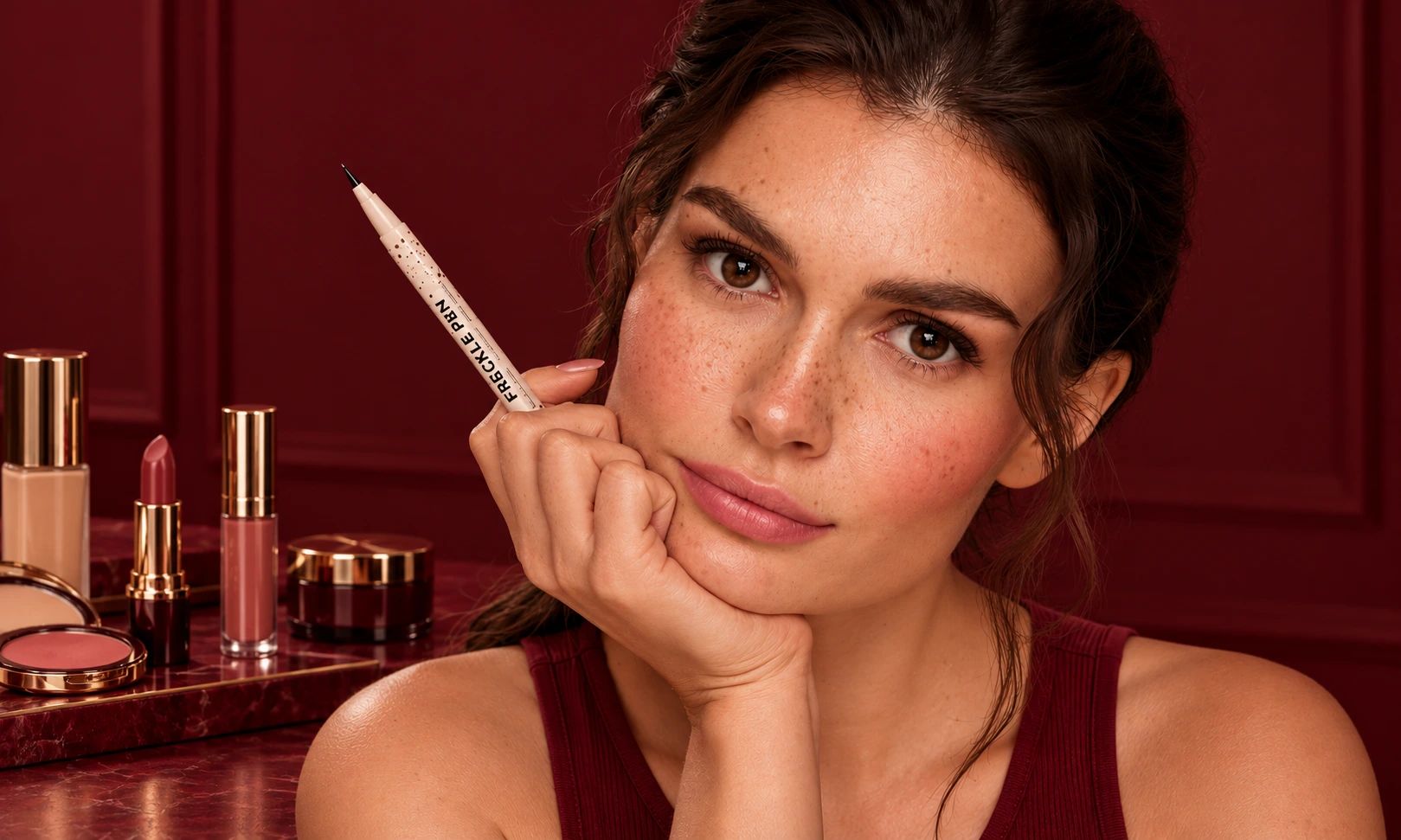 A woman with faux freckles rests her chin on her hand