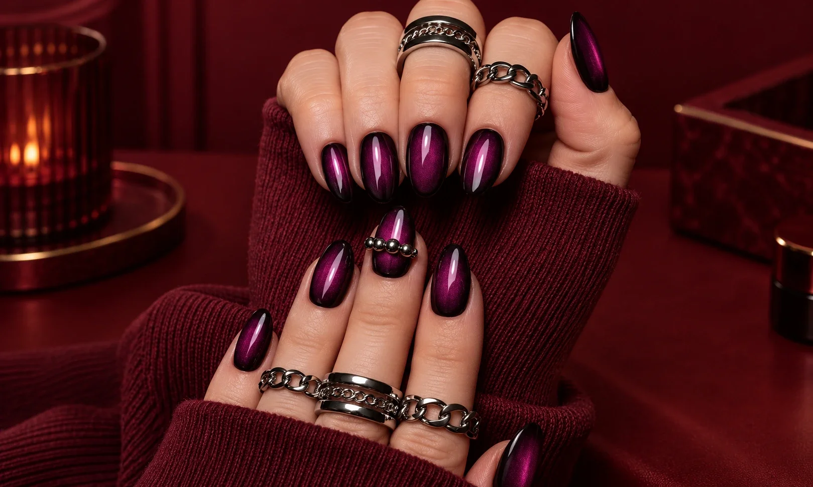 Dark Plum Chrome Nails