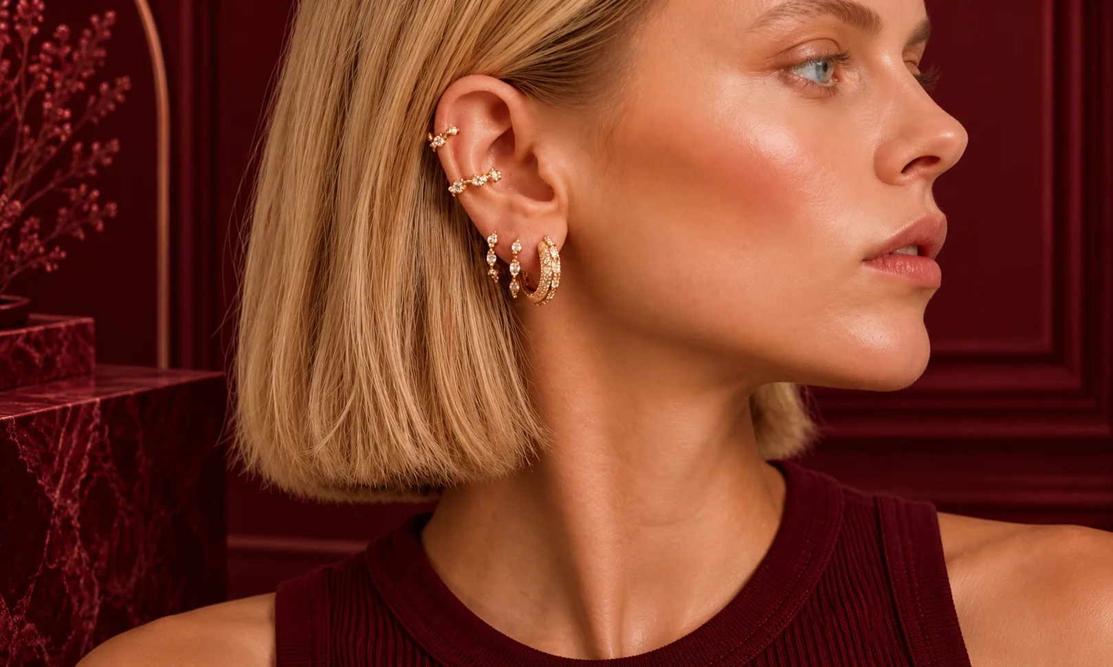 Different types of helix piercings along the upper ear cartilage.