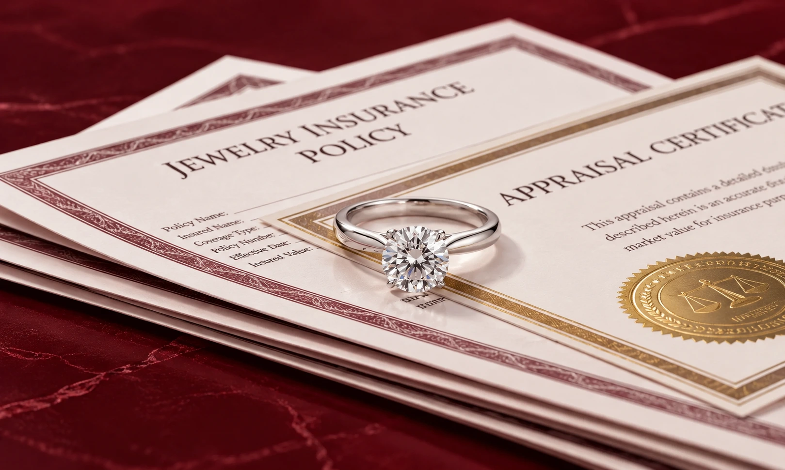 Jewelry appraisal documents and receipts organized for insurance