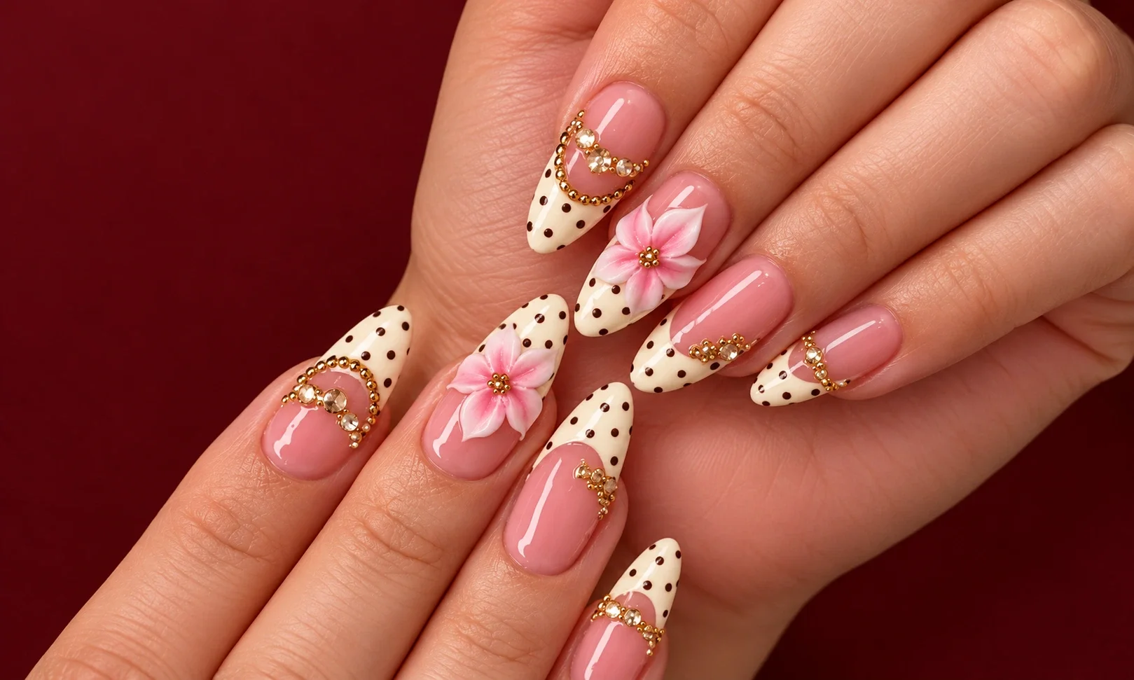 French tip nails with tiny pastel flowers