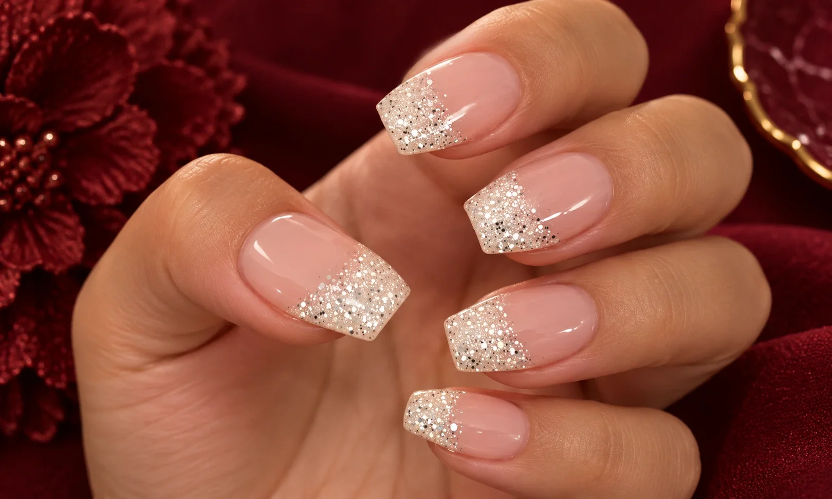 Almond nails with sparkling silver tips.