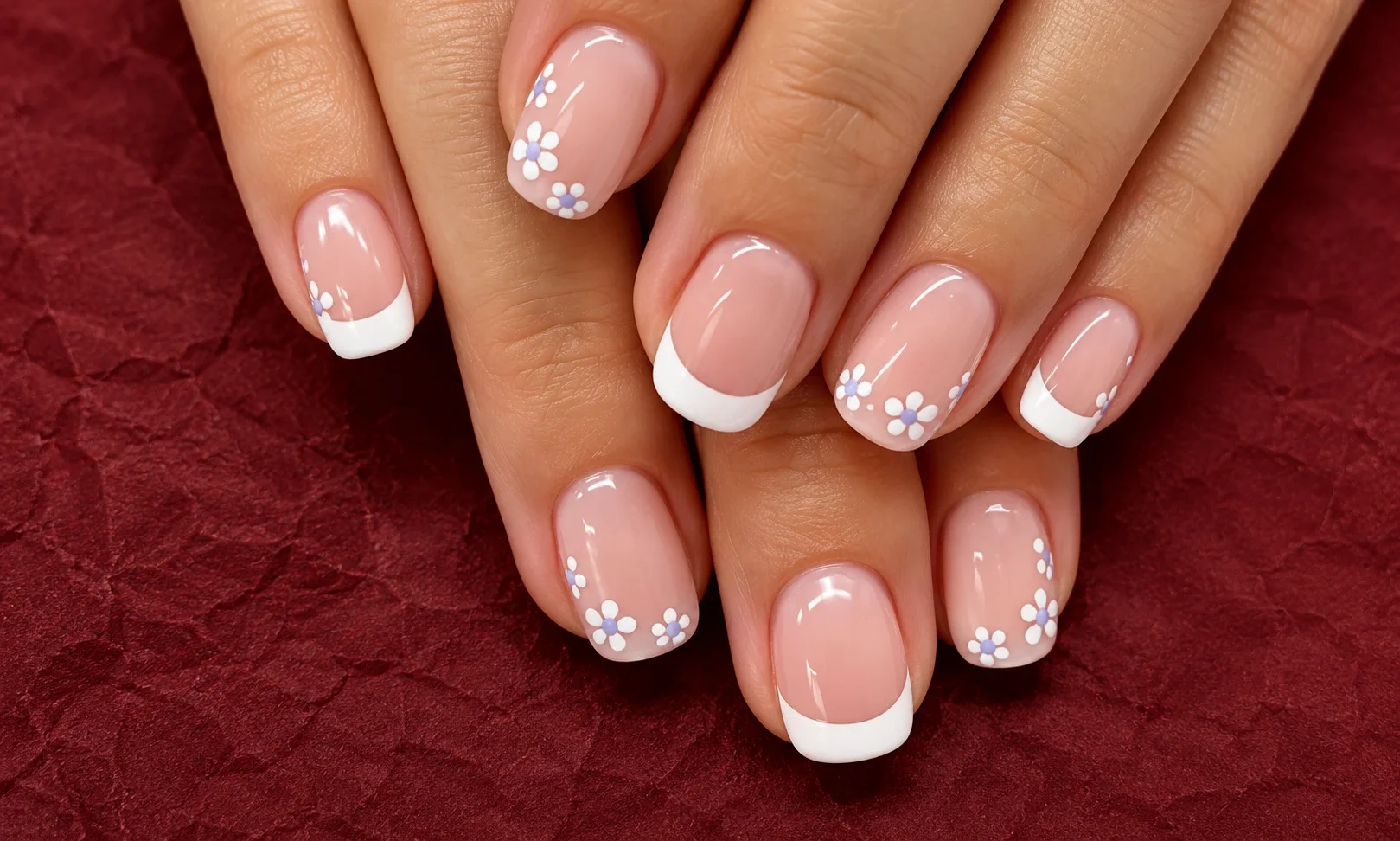 White French tips with daisy nail art.