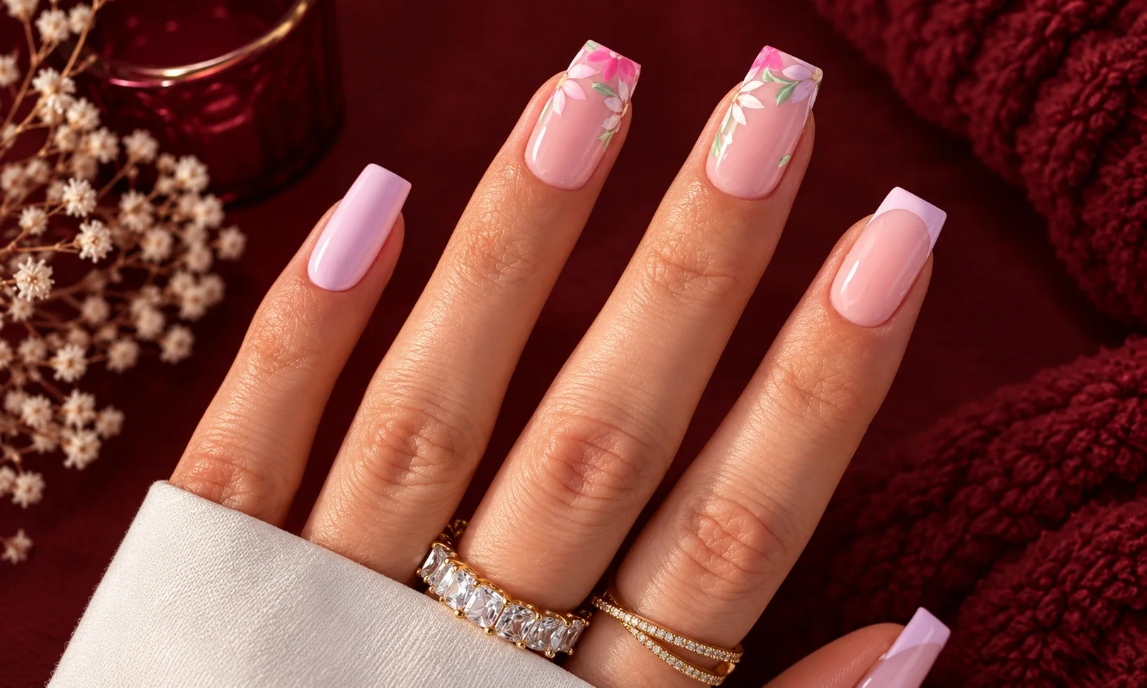 French Tips With Tiny Flowers