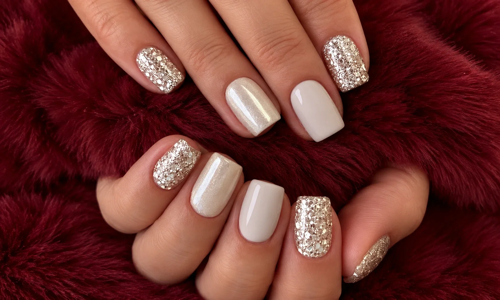 Nude nails with champagne glitter accents