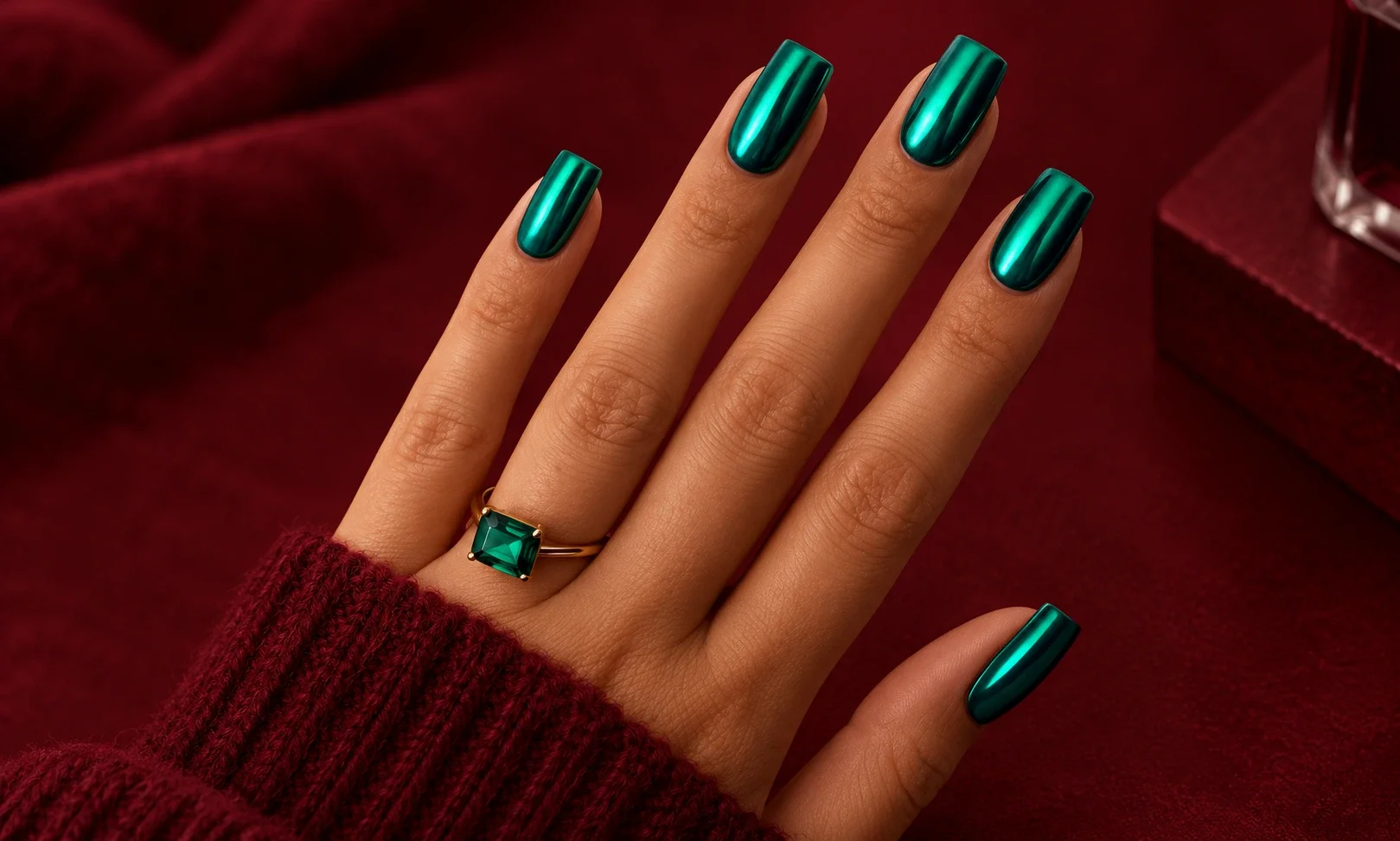 Glossy emerald green chrome nails