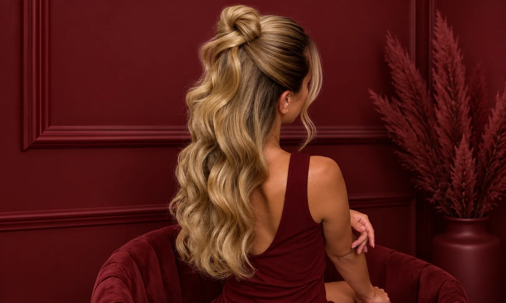 Chestnut hair secured with a decorative barrette