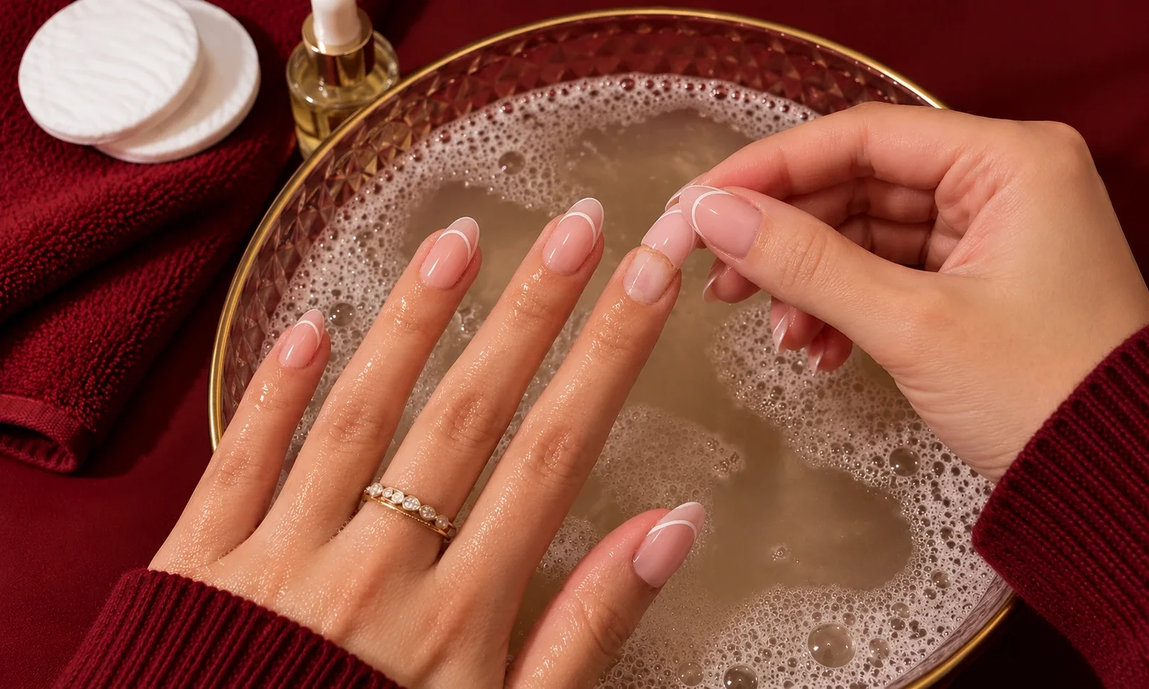 Gentle removal of press-on nails during an at-home manicure.
