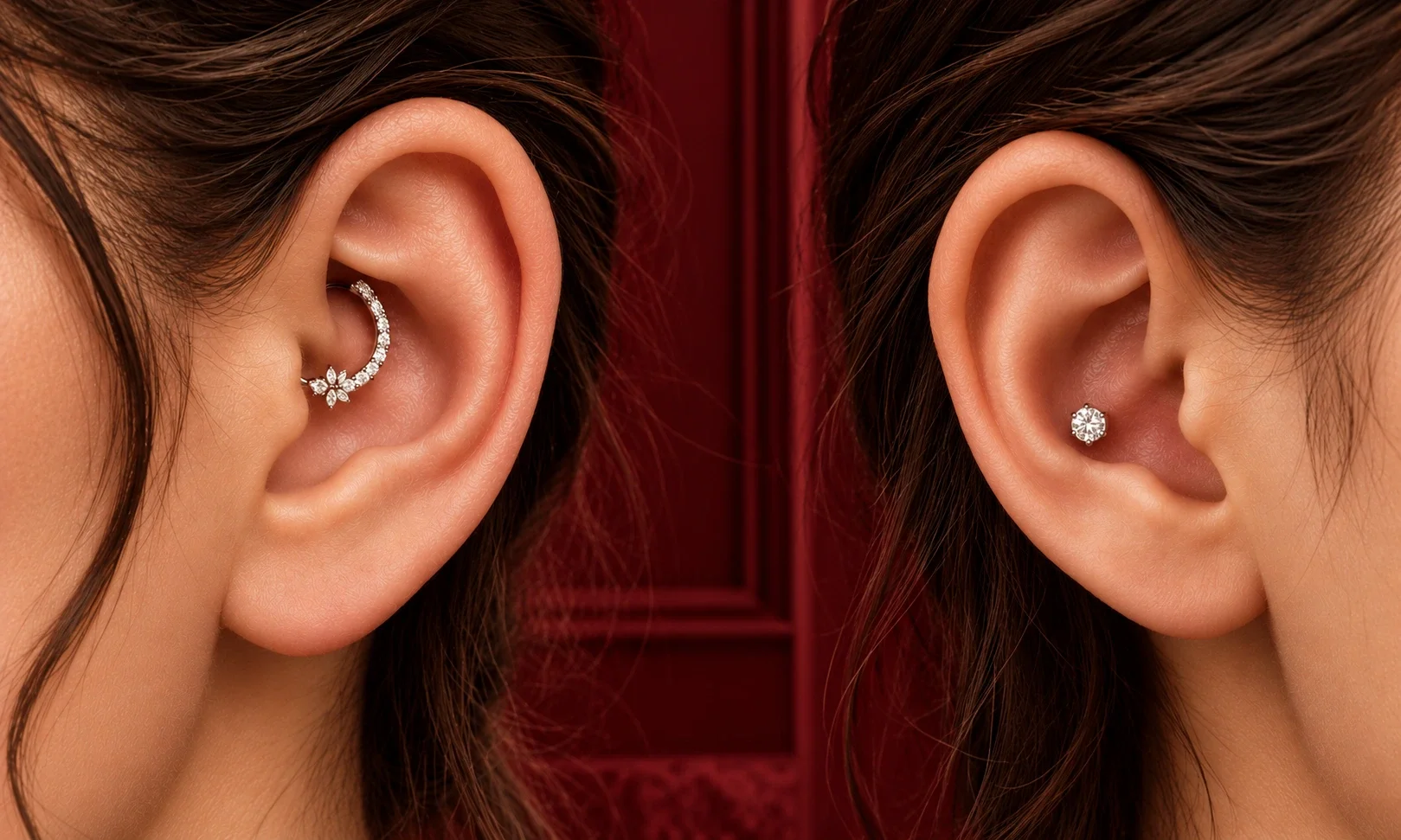 Daith and conch piercing jewelry featuring hoops and minimalist studs.