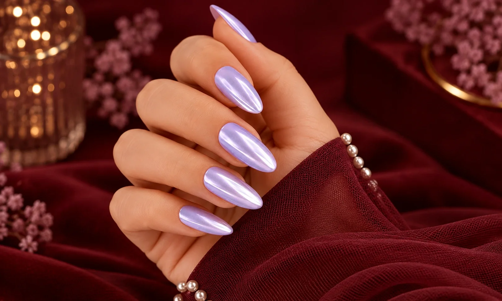 Soft lavender chrome nails