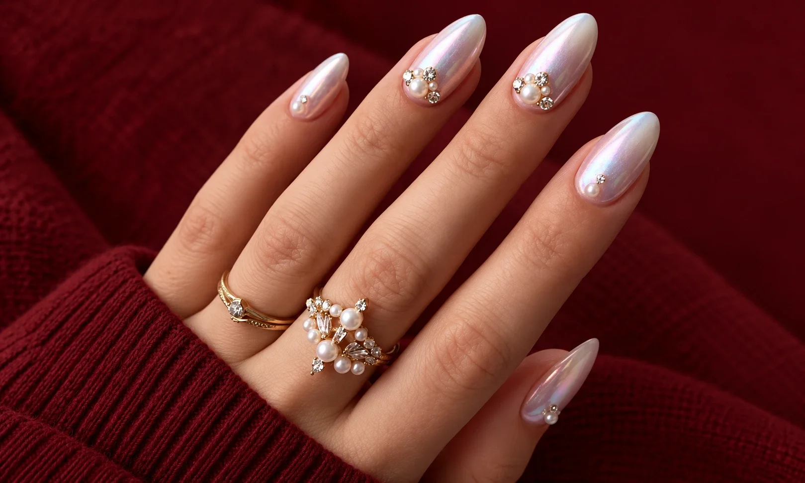 Soft pearl chrome manicure
