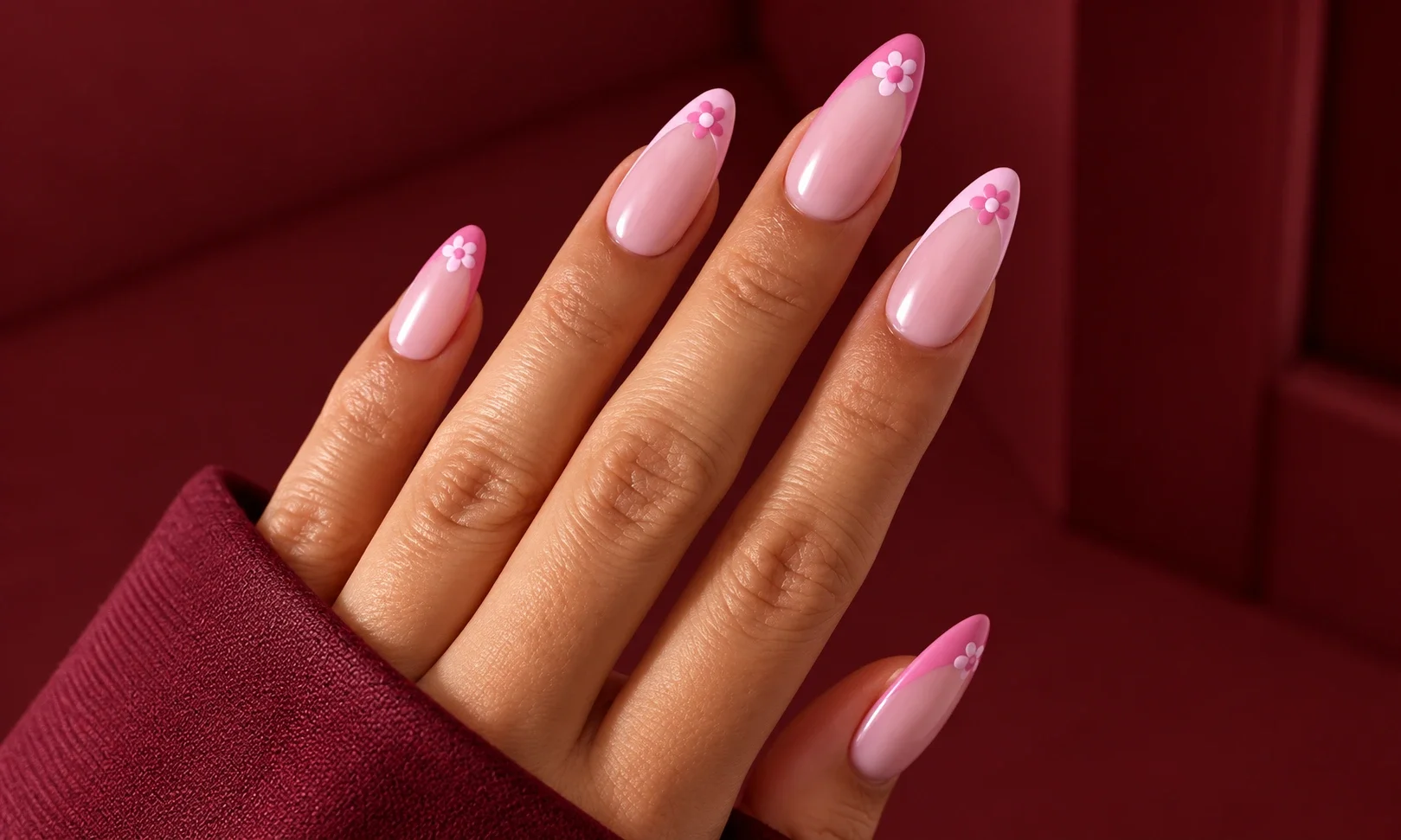 Almond nails with pink French tips.