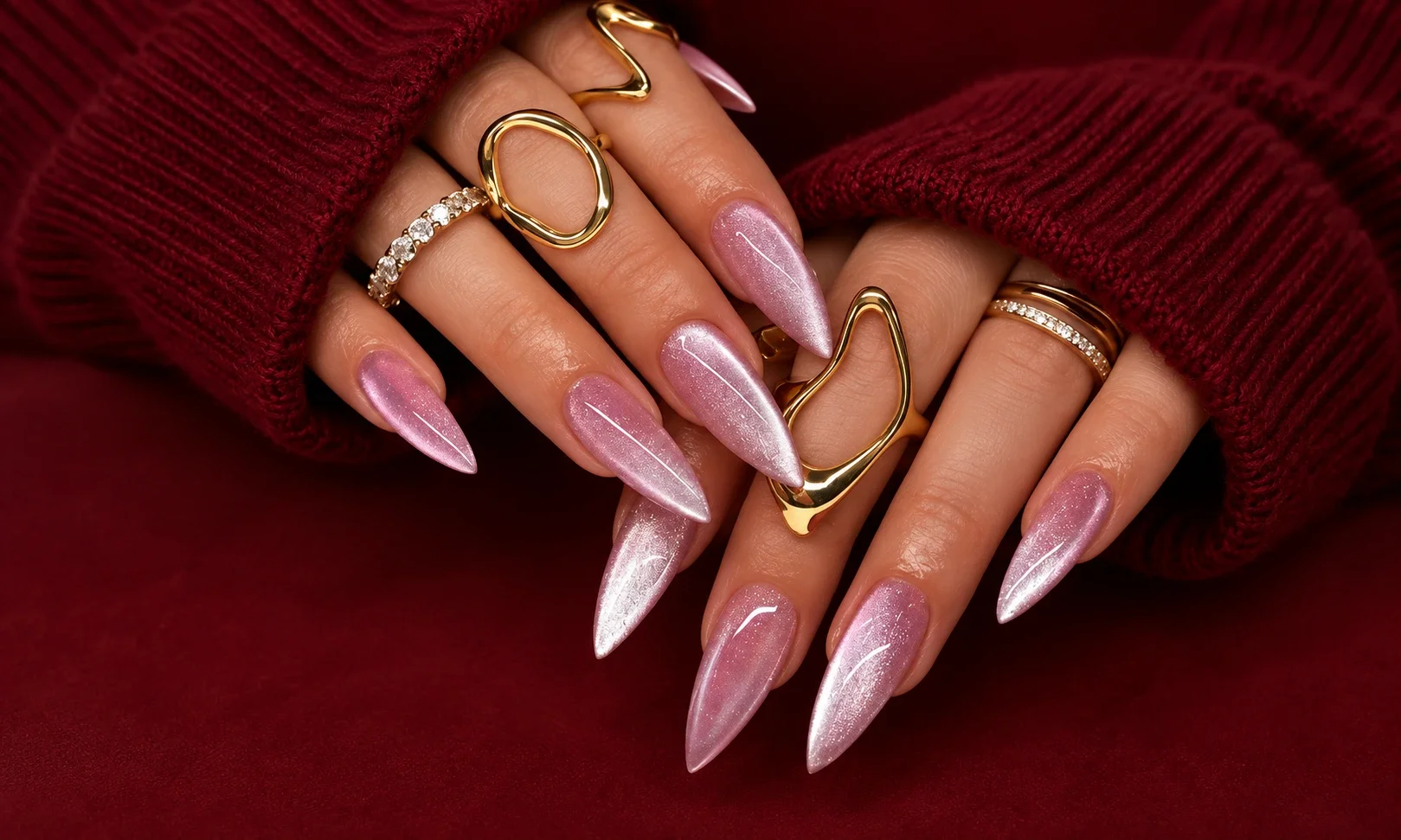 Glossy pink chrome manicure