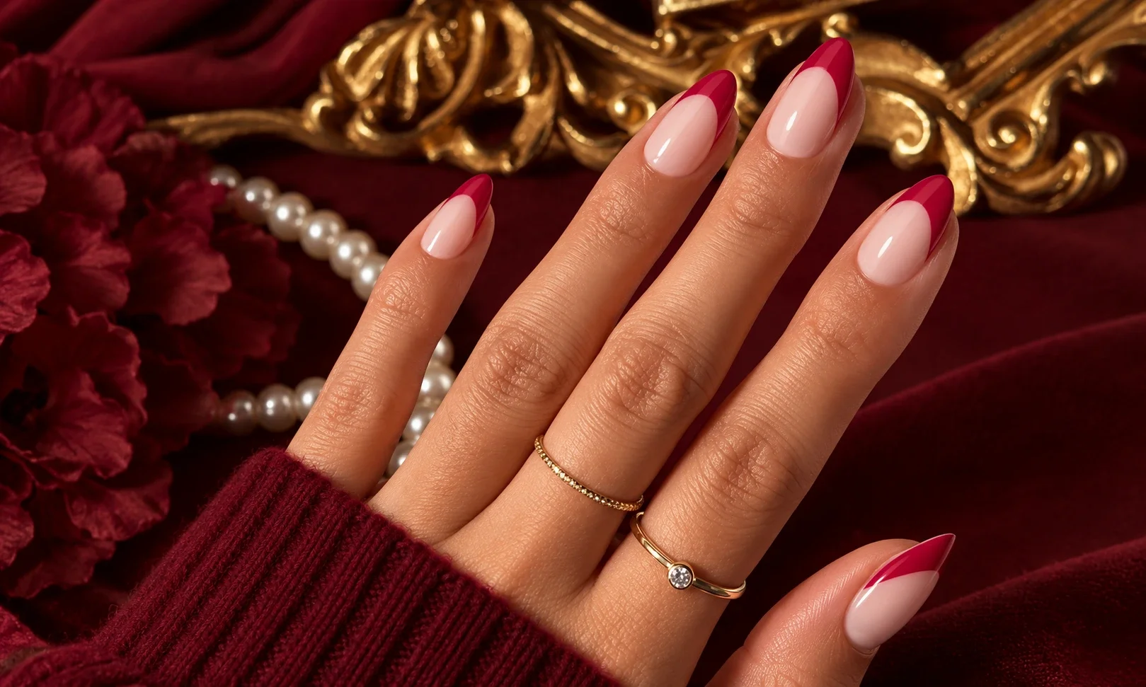 Almond nails with cherry-red French tips.