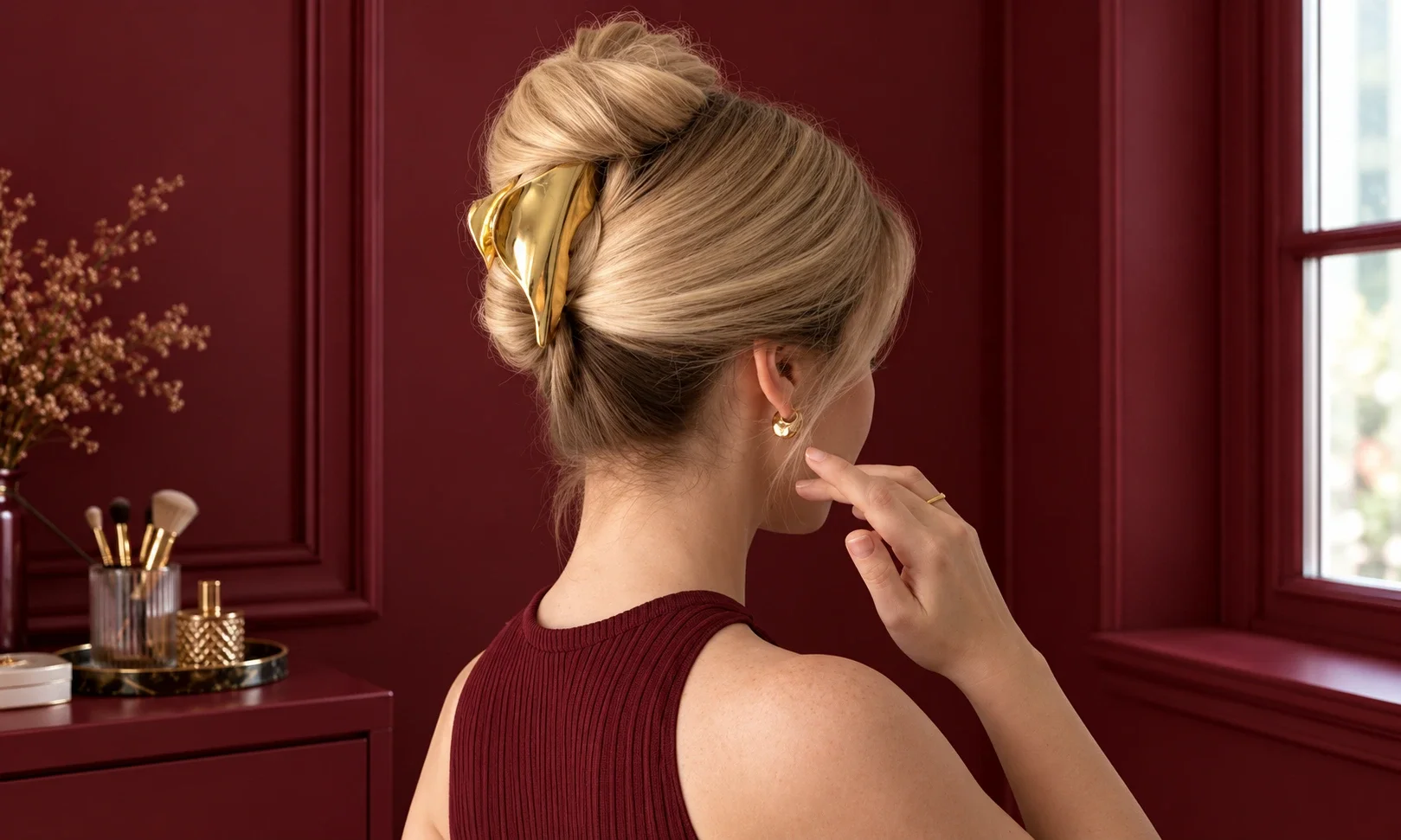 Twisted updo with a tortoiseshell claw clip.