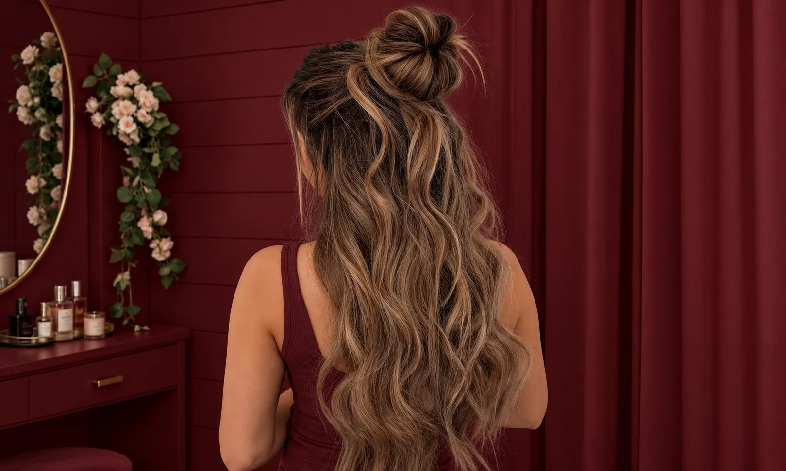 Small top knot with loose flowing hair.