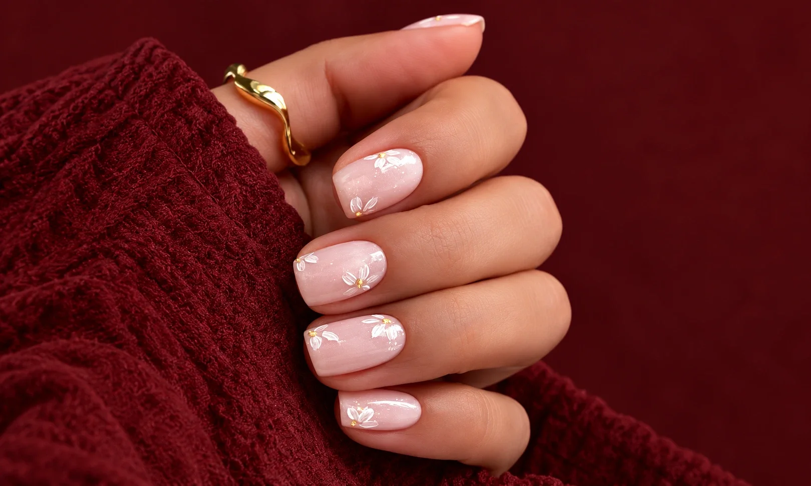 Tiny white daisies on pink nails