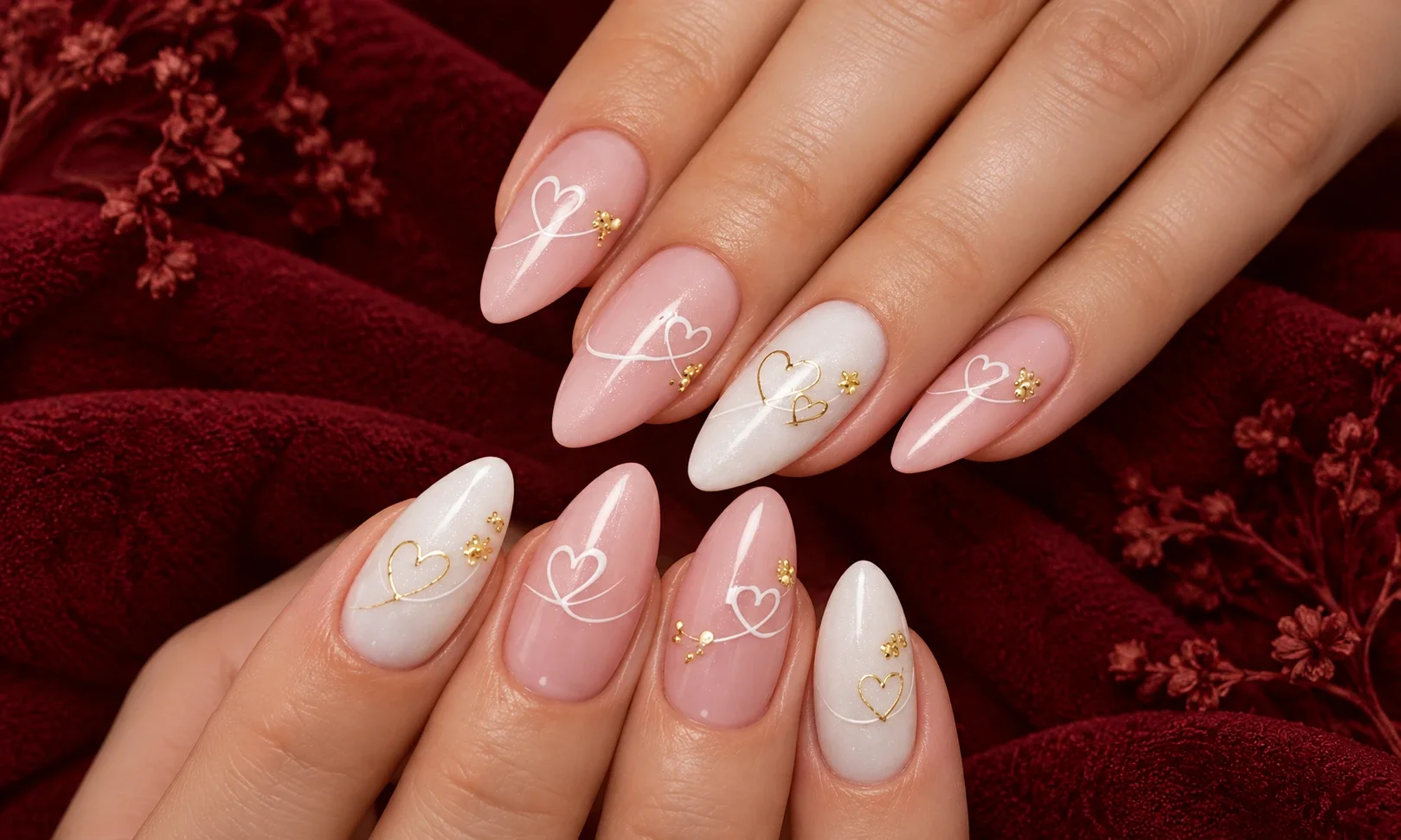 Tiny red hearts on pink nails
