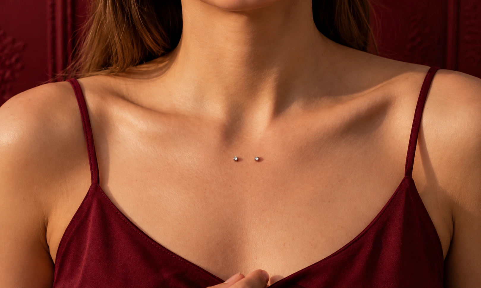 Dermal piercing placement on the collarbone