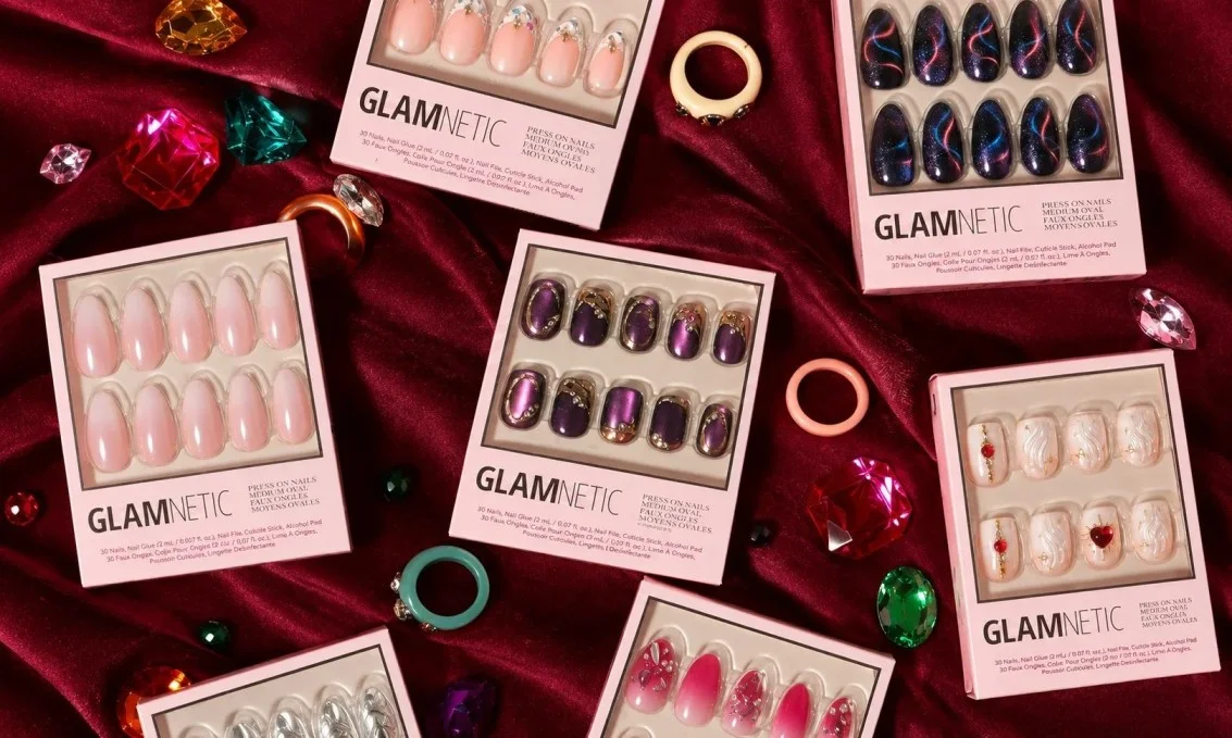 French-tip, burgundy, chrome, and nude press-on nail designs.