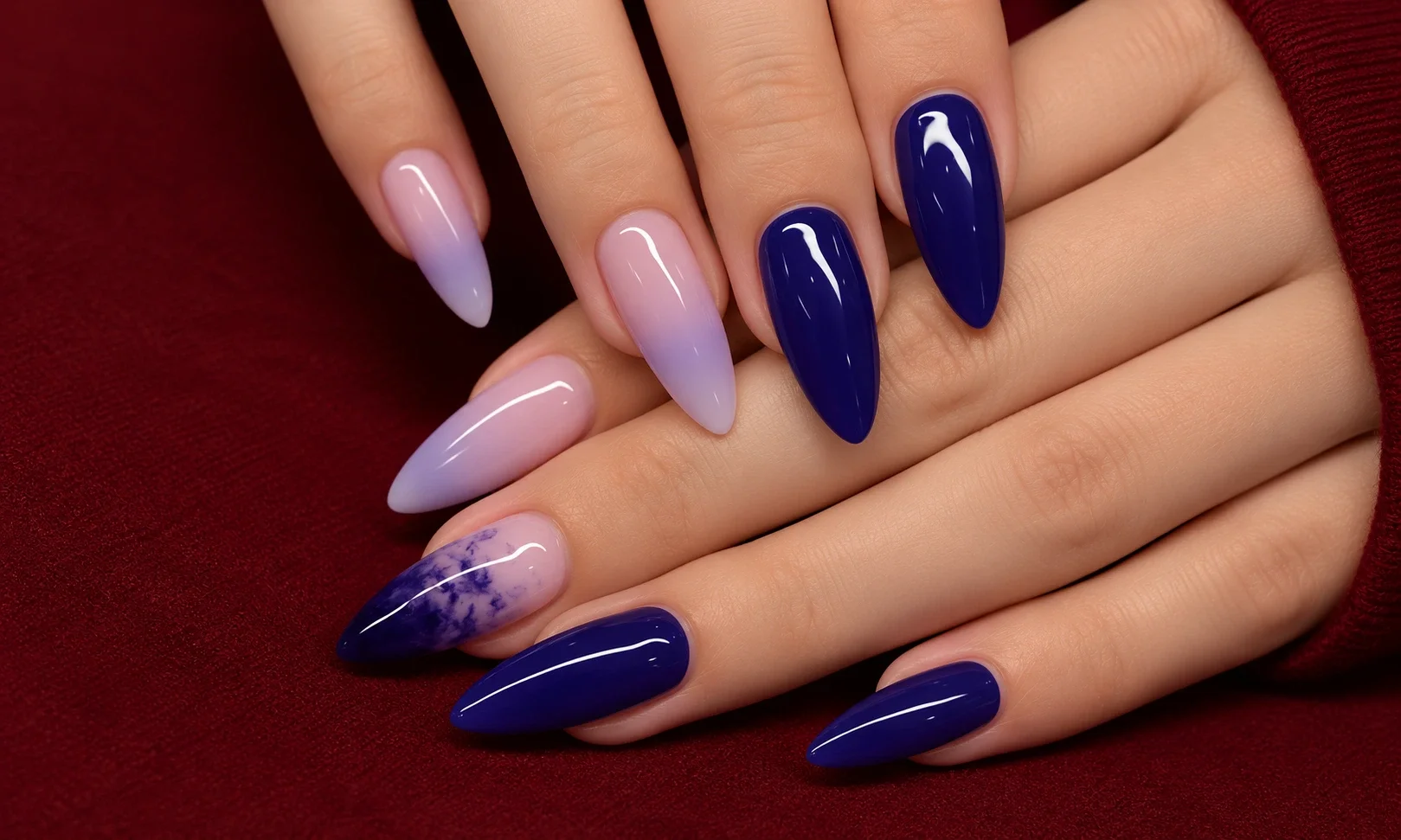 Baby blue nails with tiny blueberry art