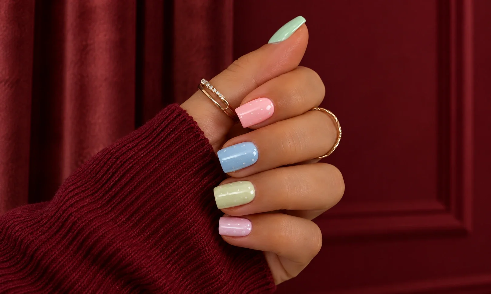 Mismatched pastel nails with playful designs